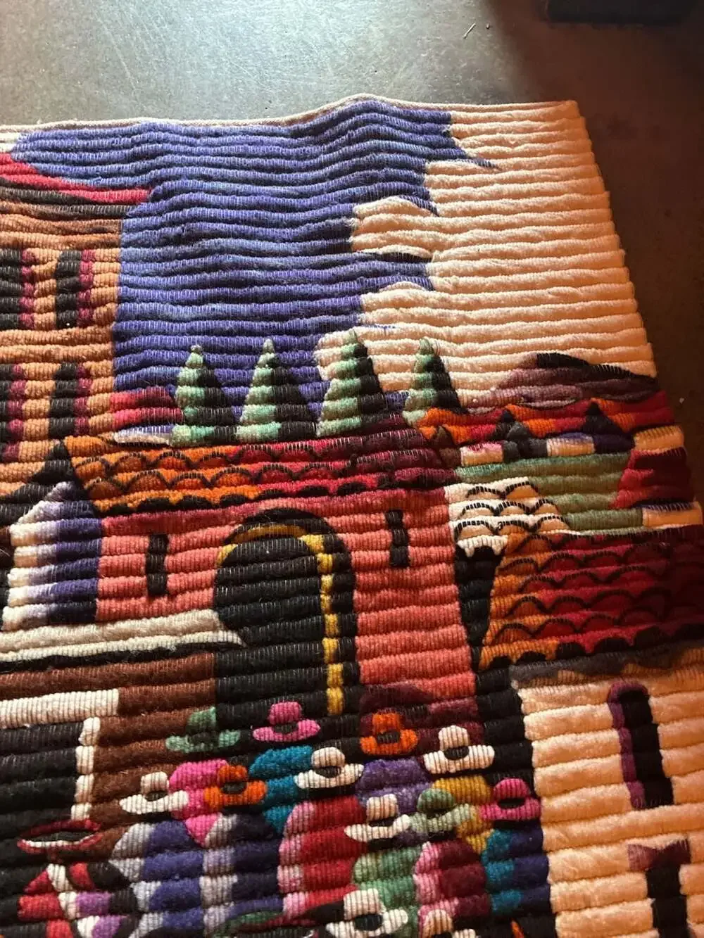 Vintage Handwoven Peruvian Wool Folk Art Wall Tapestry Village Scene